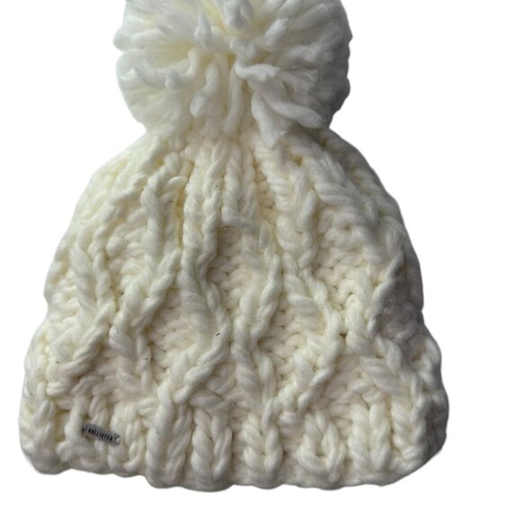 Hollister White Knit Beanie Hat with Pom Pom Pouf on Top.  Chunky Knit main image 4
